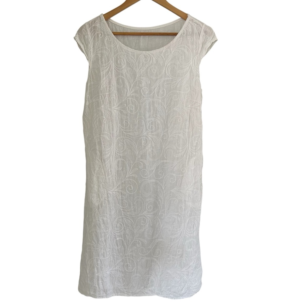 White 100% Linen Short Mini Cap Sleeve Dress Pockets